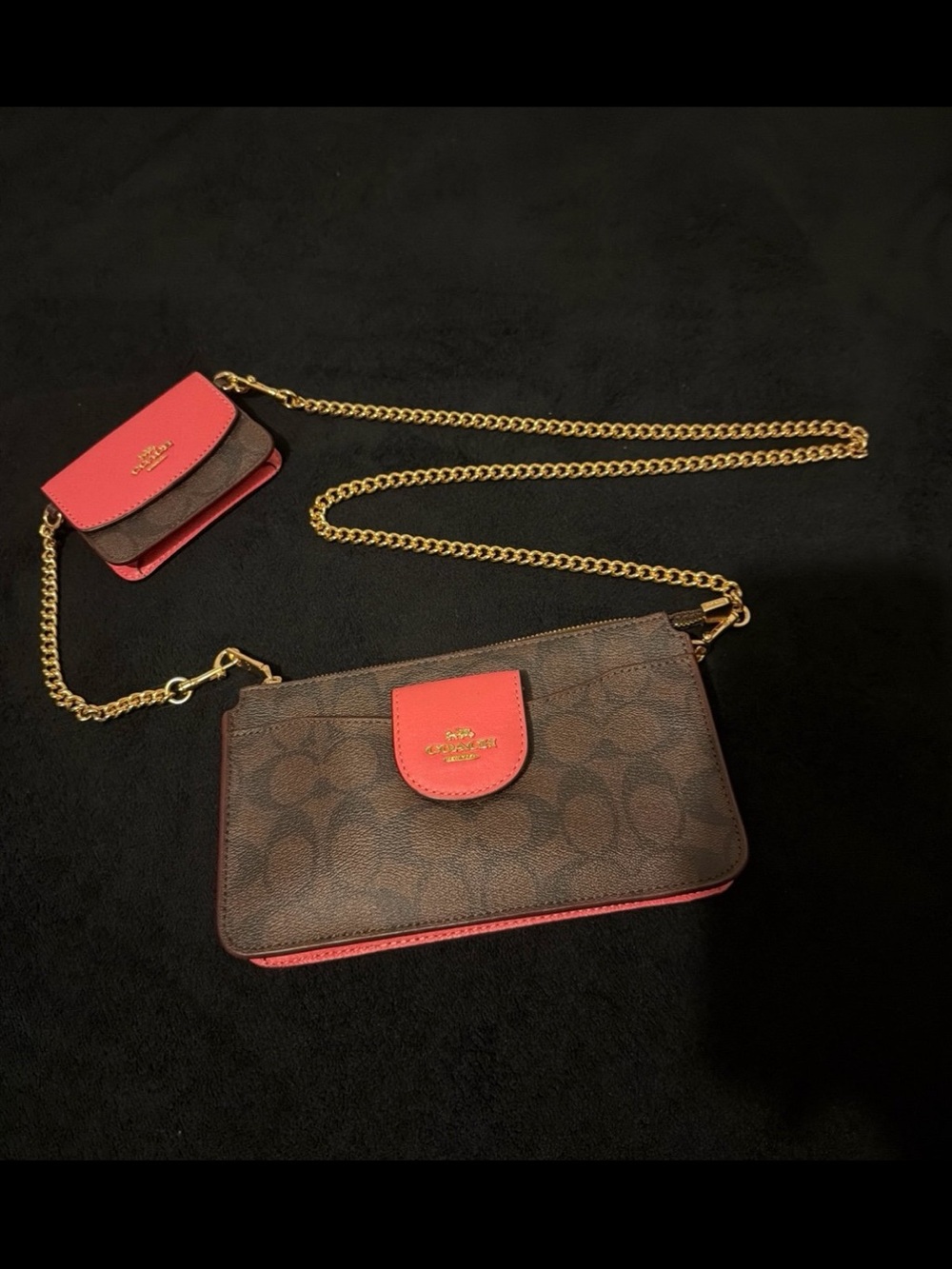 Coach Brown Signature Crossbody with Pink Accents and Gold Chain
